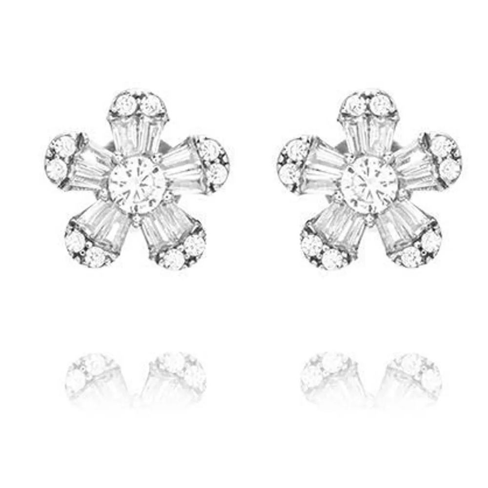 Gold Plated Flower Stud Earrings with Baguette CZ Stone
